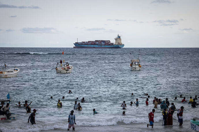 A cargo ship offshore from Mogadishu, Somalia.